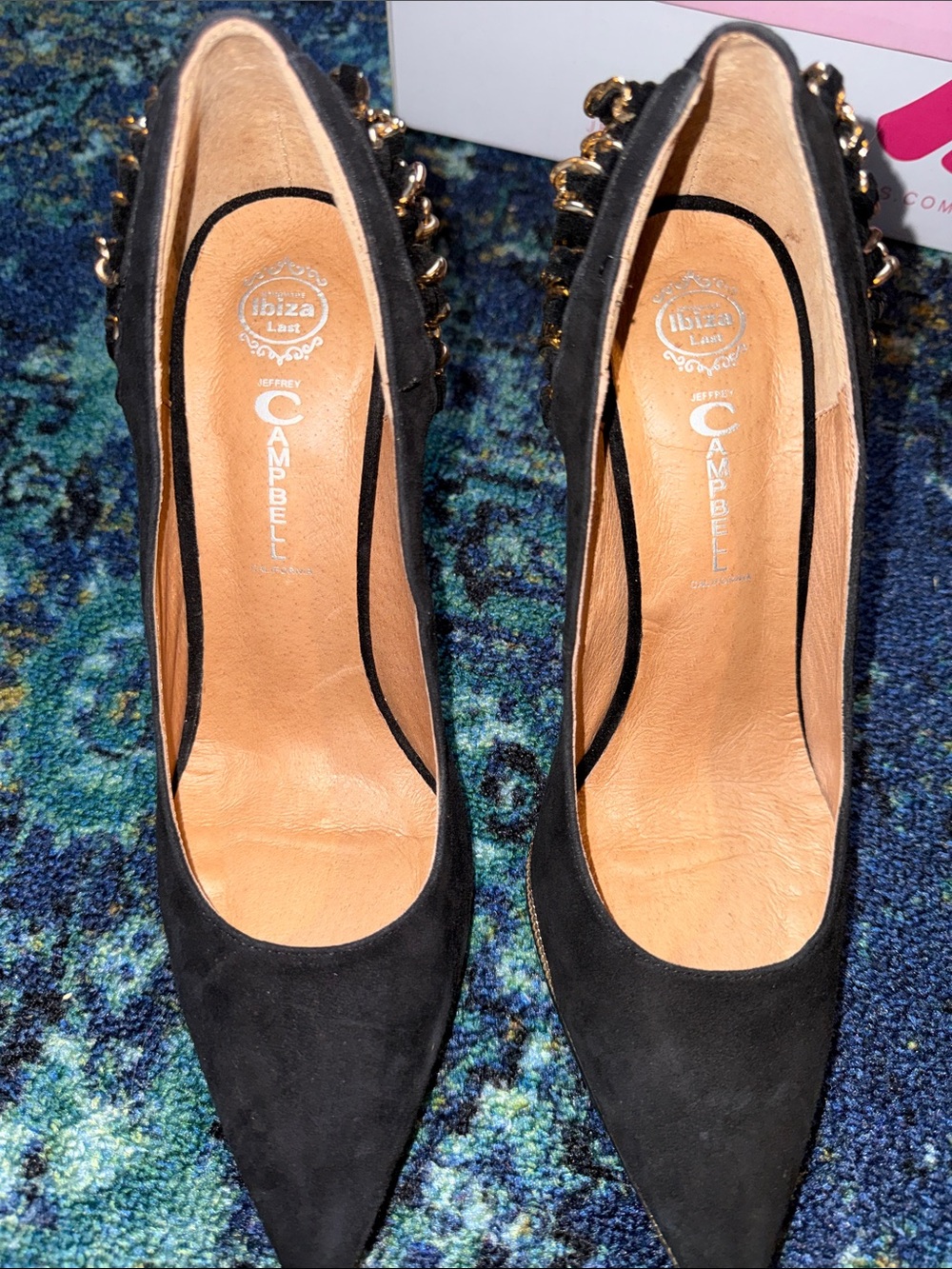 Jeffrey Campbell Black Suede Pointed-Toe Pumps with Gold Chain Heel - Picture 3 of 5